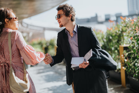 Multicultural business partners engaged in an outdoor meeting handshakeの写真素材