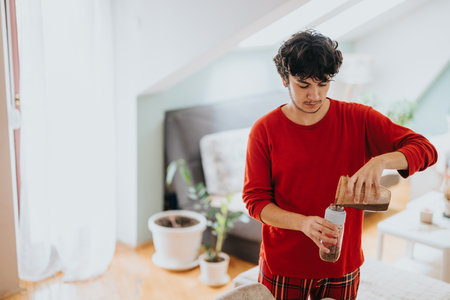 Young man pouring smoothie in cozy bedroom settingの写真素材