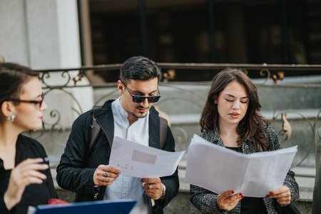 Business colleagues reviewing documents in outdoor meetingの写真素材