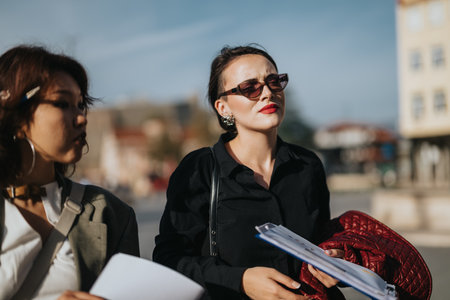 Confident businesswomen engaging in outdoor meeting discussionの写真素材