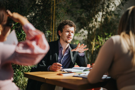 Outdoor business meeting with multicultural team in discussion