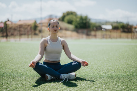 Woman practicing meditation and mindfulness outdoors on a sunny dayの写真素材