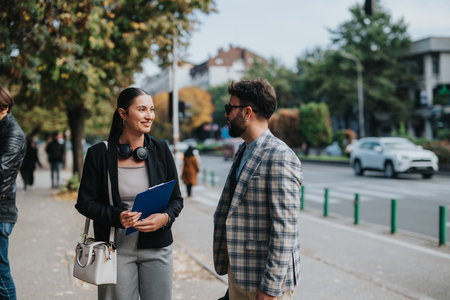 Two business people having a conversation on a city streetの写真素材