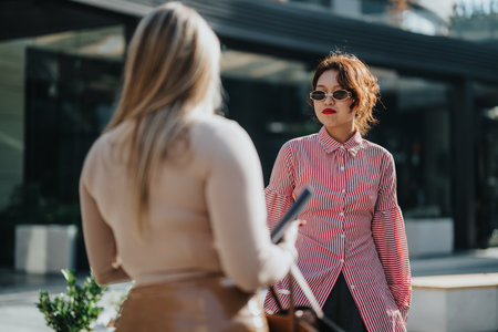Fashionable women meeting outdoors on a sunny urban day