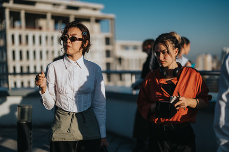Multicultural business workers discussing a project on rooftopの写真素材