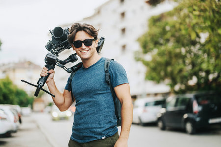 Smiling videographer holding camera equipment in urban environment