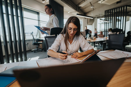 Focused business employees working in a modern open office environmentの写真素材