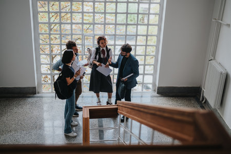 Group of students consulting professor in school hallway discussionの写真素材