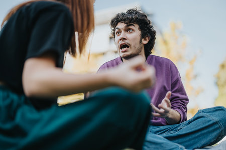 Young couple having an animated conversation outdoorsの写真素材