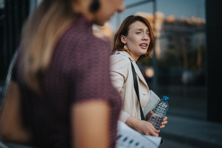 Young woman walking outdoors with water bottle and notebookの写真素材