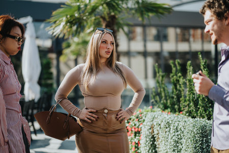 Multicultural business meeting outdoors in sunny urban city settingの写真素材