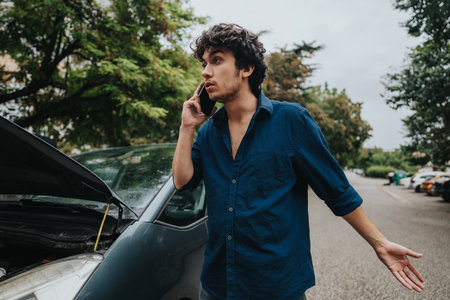 Man on phone next to car with open hood on roadside