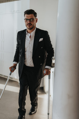 Confident businessman, dressed in a pinstripe suit, is using crutches while walking through a modern office setting.の写真素材