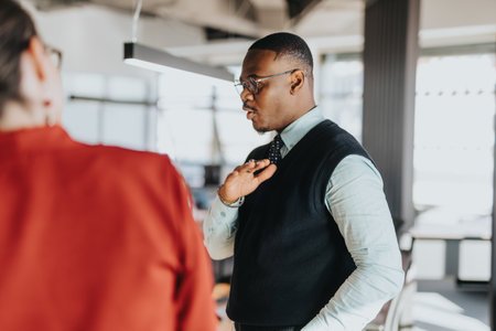 Business colleagues discussing project ideas in a modern office settingの写真素材