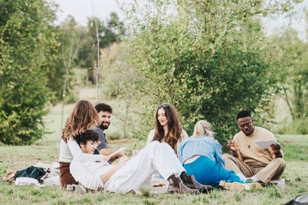 A cheerful group of diverse friends having a fun picnic in a lush, green park.の写真素材
