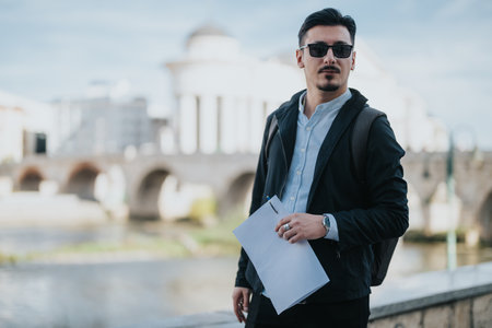 Young business professional outdoors with documents and bagの写真素材