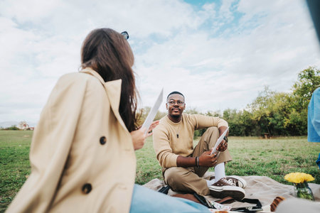 People enjoying a casual picnic in a scenic garden settingの写真素材