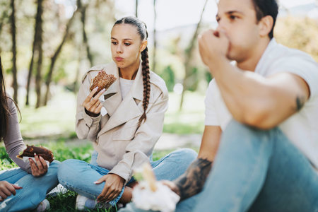 Young friends enjoying snacks during a relaxing park dayの写真素材