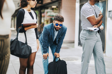 Diverse business team having a meeting in urban environmentの写真素材