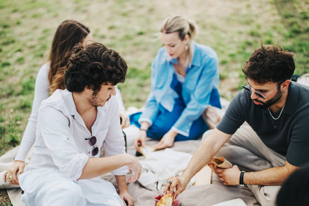 Friends enjoying a relaxing picnic in a natural outdoor settingの写真素材