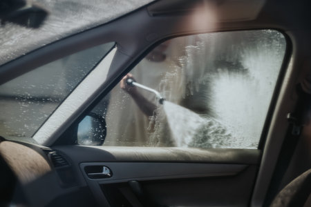 Worker power washing car window at an auto cleaning serviceの写真素材