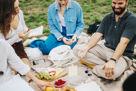 Multiracial friends having a joyful picnic outdoors on a cloudy dayの写真素材