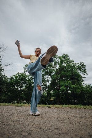 Happy young woman kicking up her leg with excitement in outdoor park settingの写真素材