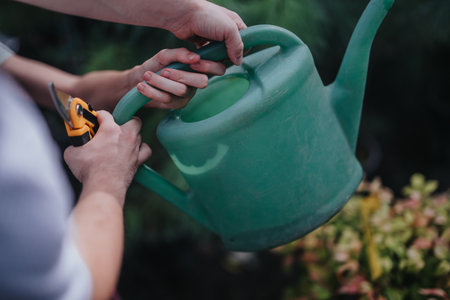Close-up of hands holding watering can and pruning shears in gardenの写真素材