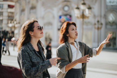 Two business women discussing ideas in urban setting outdoorsの写真素材