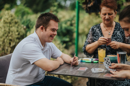 Family playing card game together in outdoor settingの写真素材
