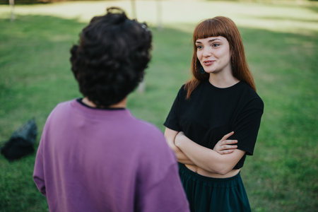 Young couple enjoying a conversation outdoors on a sunny dayの写真素材