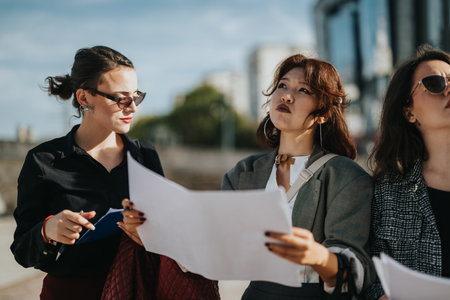 Three business women reviewing documents outdoors in sunlightの写真素材