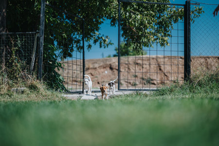 Three playful puppies exploring outside a fenced yard on a sunny dayの写真素材