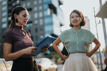 Multicultural business meeting outdoors in an urban settingの写真素材