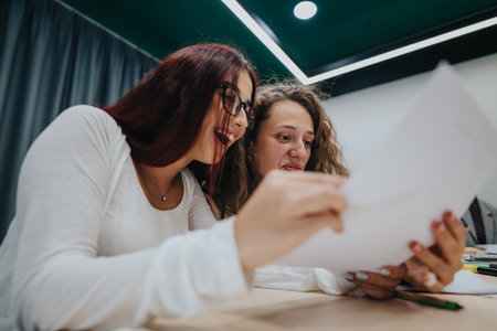 Two students collaborating on academic work in a classroom settingの写真素材
