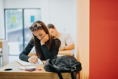 Students focusing on school tasks in a modern classroomの写真素材