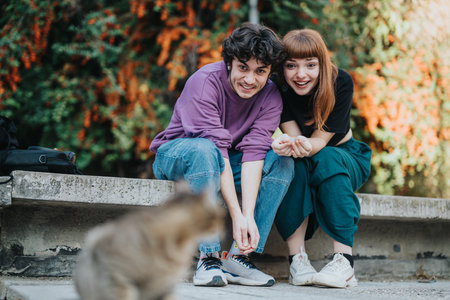 Couple enjoying a playful moment with a cat outdoorsの写真素材