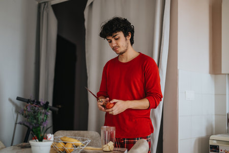 Young man in red shirt preparing fruit in modern kitchenの写真素材