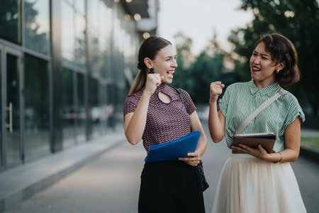 Two businesswomen celebrating success in an urban city environmentの写真素材