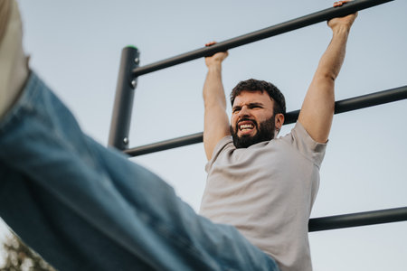Man performing hanging exercise on outdoor pull-up bar at sunsetの写真素材