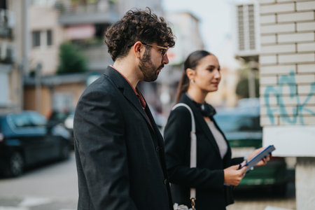 Business people walking together in urban settingの写真素材