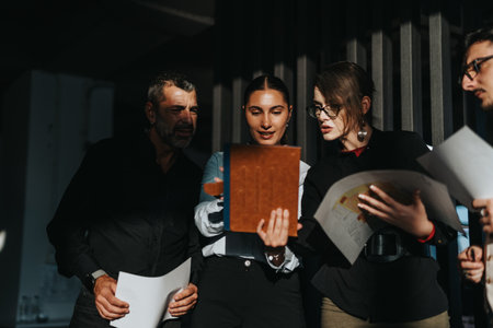 Group of business people examining a document together
