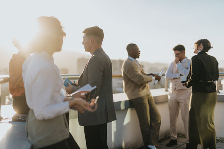 Business colleagues engage in a brainstorming session on a rooftop, showcasing teamwork and innovative thinking against a city skyline backdrop.の写真素材