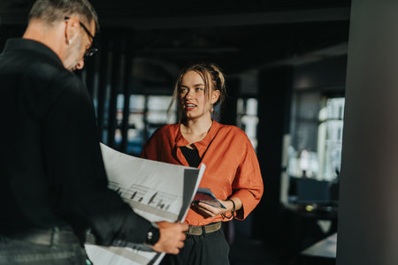 Two business people engage in a discussion over architectural plans in a modern, well-lit office setting.の写真素材