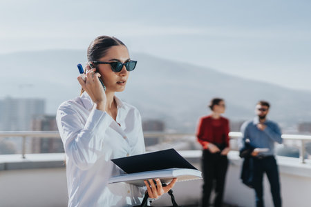 Confident businesswoman with colleagues on high tower balconyの写真素材