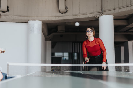 Young professional woman playing table tennis in modern workplaceの写真素材