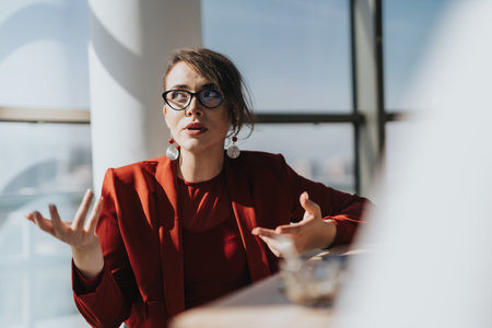 Professional woman discussing business ideas at modern workspaceの写真素材