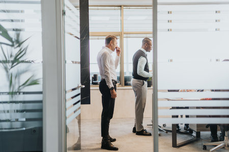 Professional business meeting in modern glass office spaceの写真素材