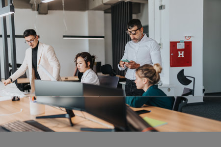 Diverse team collaborating in modern open office workspaceの写真素材