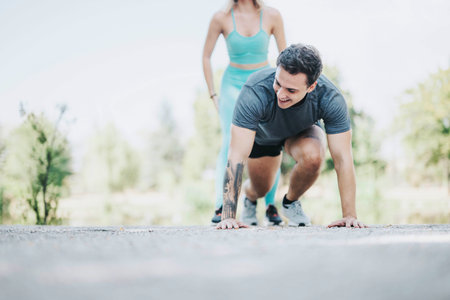 Friends enjoy a workout session in the park, highlighting fitness and friendship in an outdoor setting.の写真素材